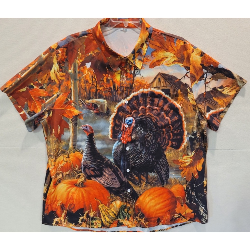 Thanksgiving Turkey Fall Nylon 3XL button up shirt colorful excellent condition